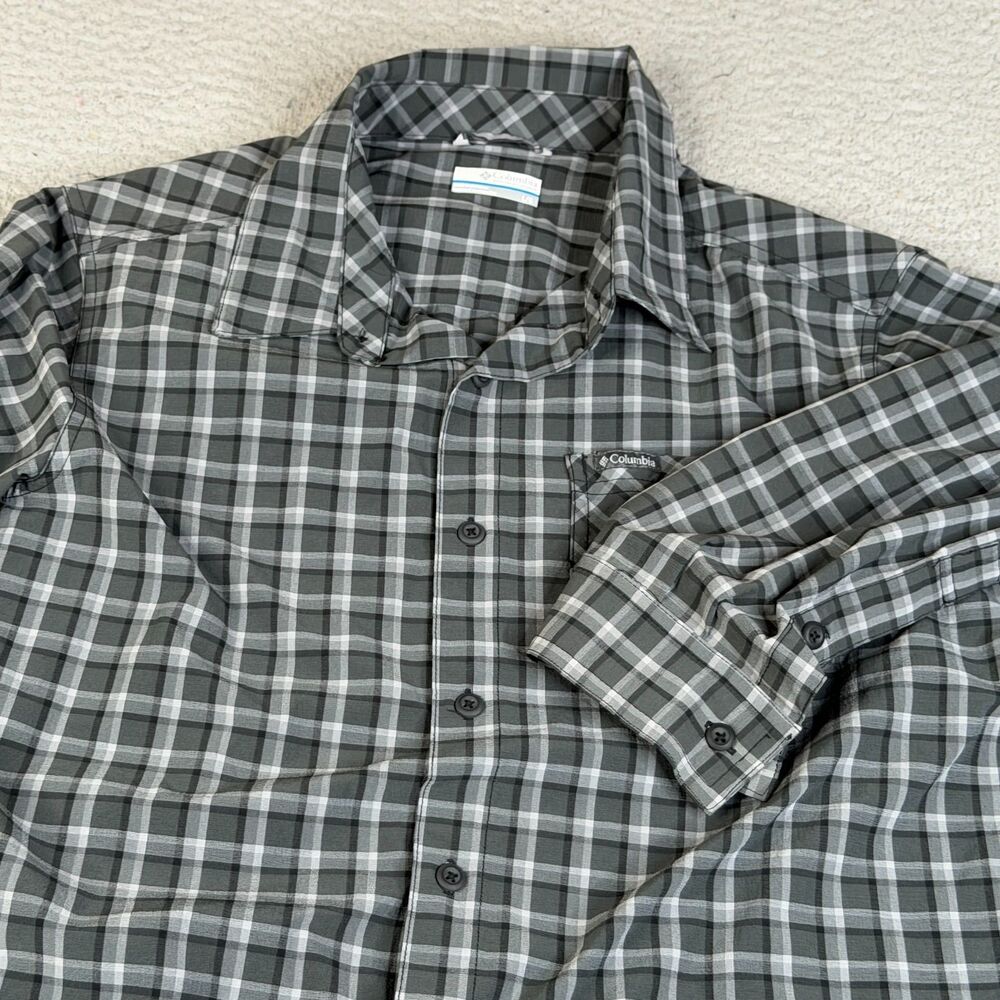 COLUMBIA Shirt Mens Large Gray‎ Black Plaid Button Long Sleeve Stretch Hiking